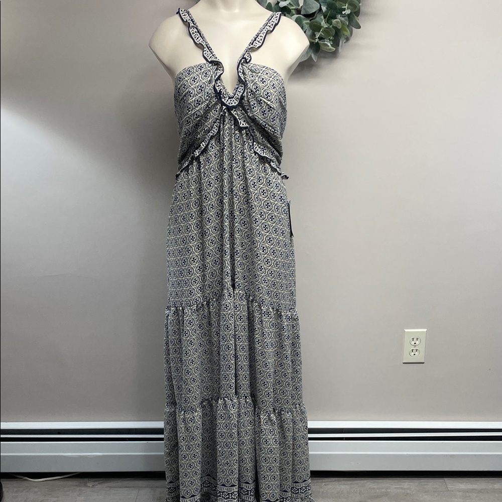 NWT Max Studio Navy Cream Medallion Links Sleeveless Maxi Dress L